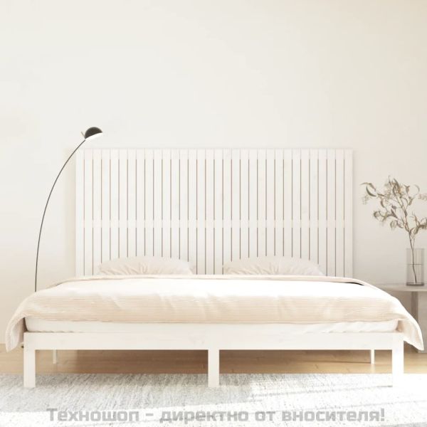 Стенна табла за спалня, бяла, 204x3x110 см, борово дърво масив