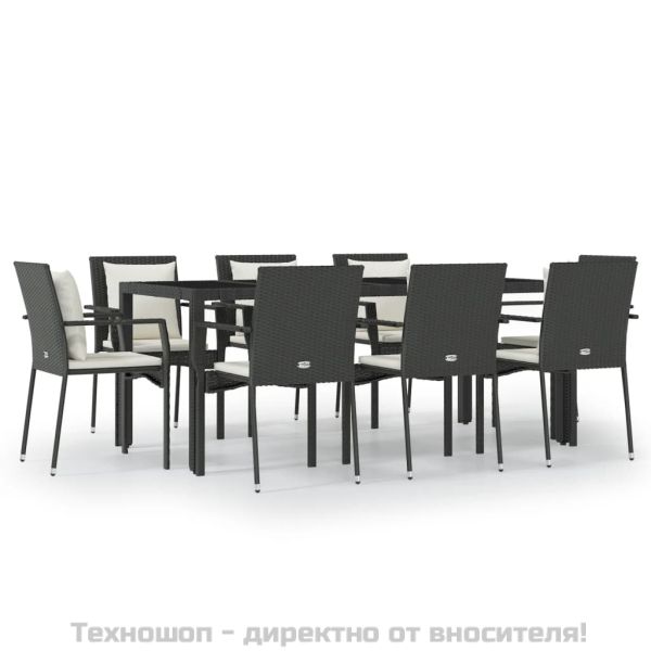 Градински трапезен комплект възглавници 9 части черен полиратан