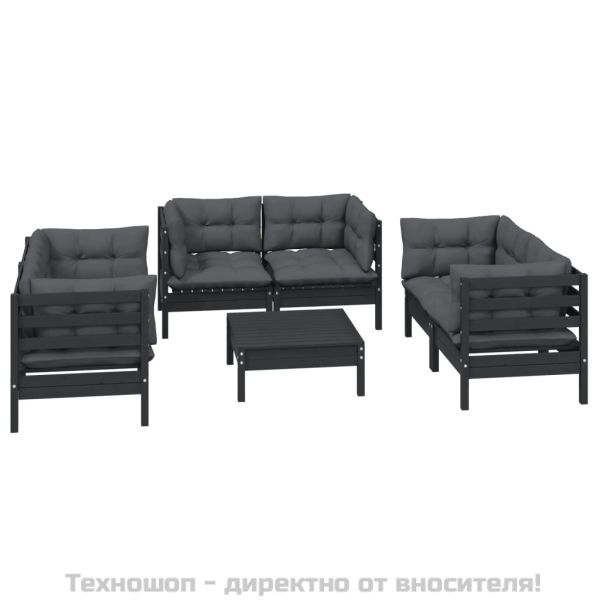 Градински лаундж комплект с възглавници, 7 части, бор масив