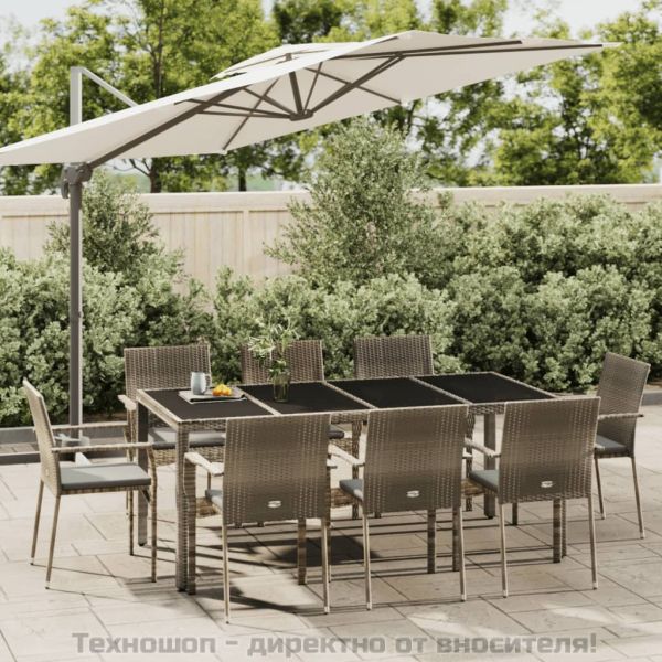 Градински трапезен комплект 9 части с възглавници сив полиратан