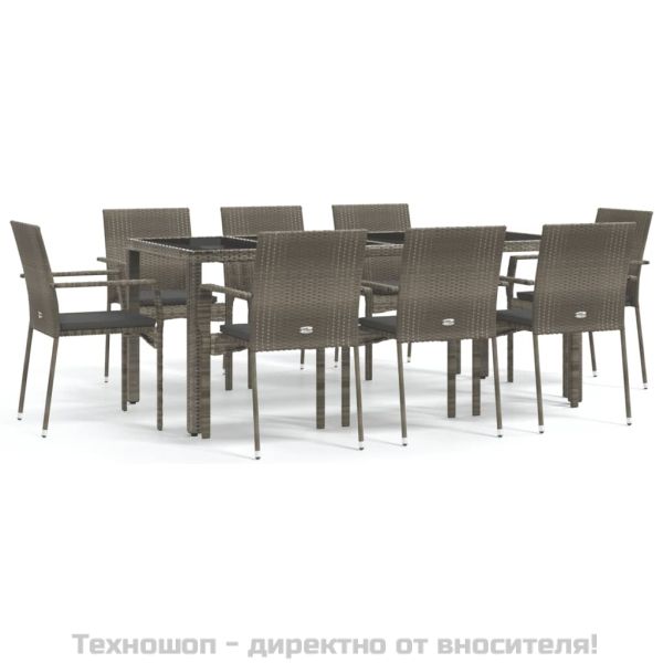 Градински трапезен комплект 9 части с възглавници сив полиратан