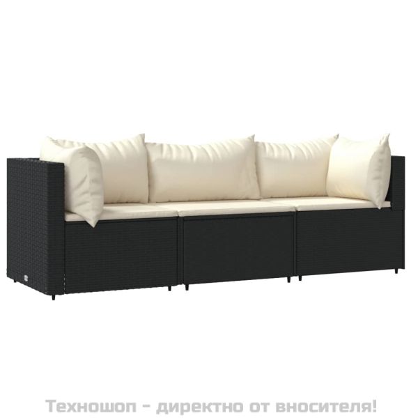 Градински лаундж комплект с възглавници 3 части черен полиратан