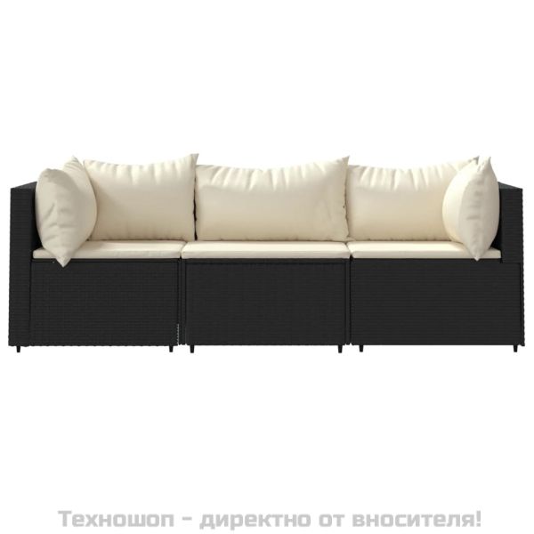 Градински лаундж комплект с възглавници 3 части черен полиратан