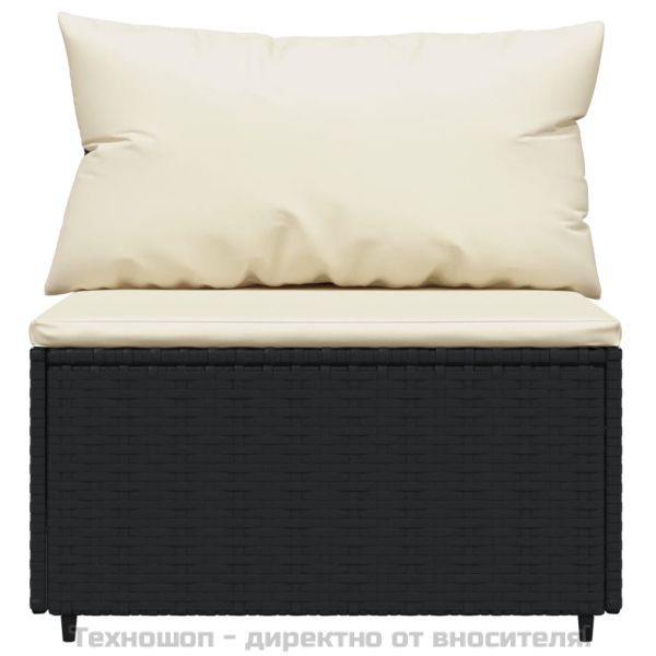 Градински лаундж комплект с възглавници 3 части черен полиратан