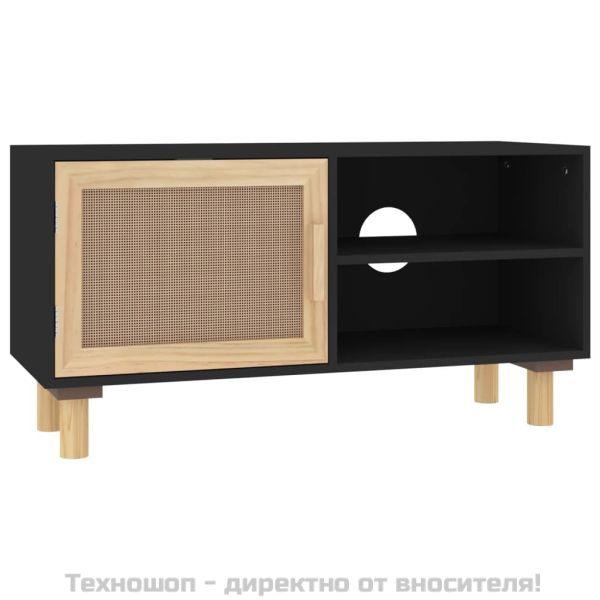 ТВ шкаф, черен, 80x30x40 см, бор масив и естествен ратан