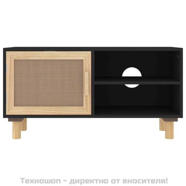 ТВ шкаф, черен, 80x30x40 см, бор масив и естествен ратан