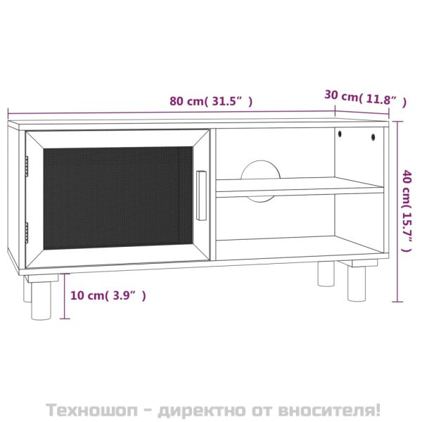 ТВ шкаф, черен, 80x30x40 см, бор масив и естествен ратан