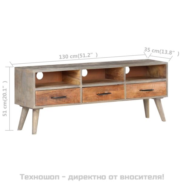 ТВ шкаф, сив, 130x35x51 см, грубо мангово дърво