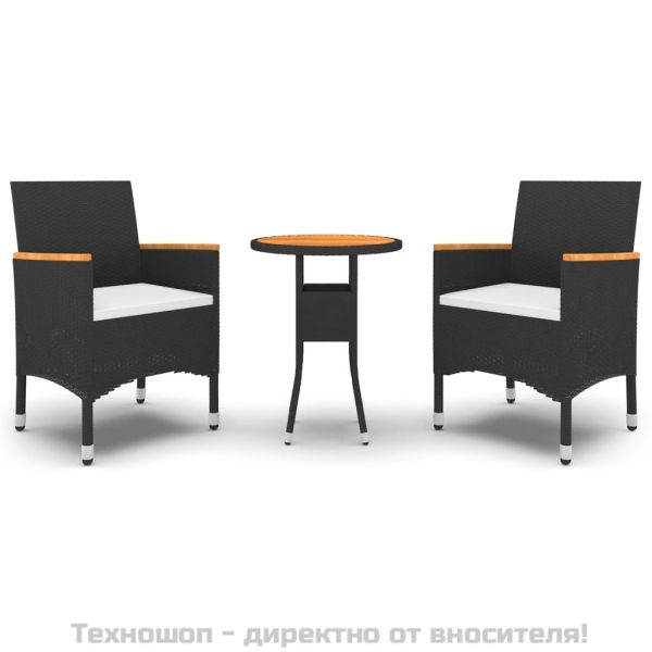 Градински трапезен комплект, 3 части, полиратан, черен