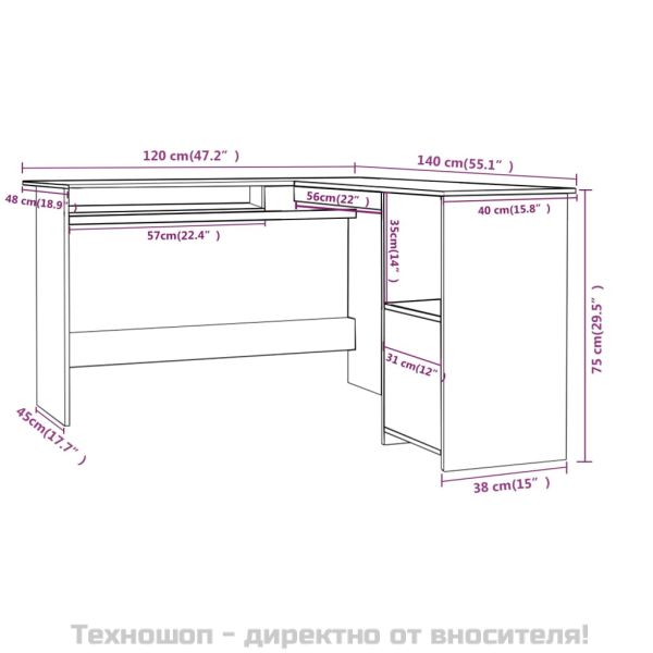 Г-образно ъглово бюро бял гланц 120x140x75 см инженерно дърво