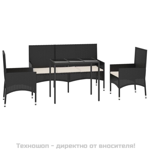 Градински лаундж комплект с възглавници 4 части черен полиратан