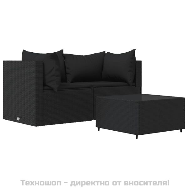 Градински лаундж комплект с възглавници 3 части черен полиратан