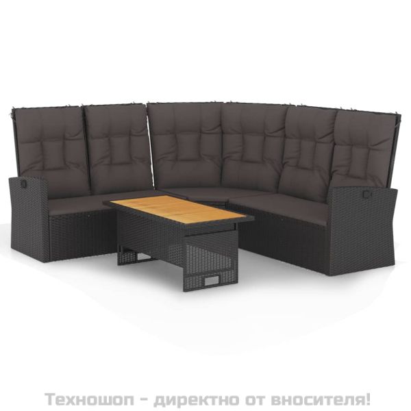 Градински лаундж комплект с възглавници 2 части черен полиратан