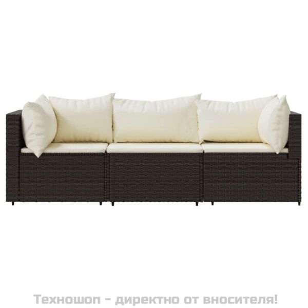 Градински комплект с възглавници, 3 части, кафяв, полиратан
