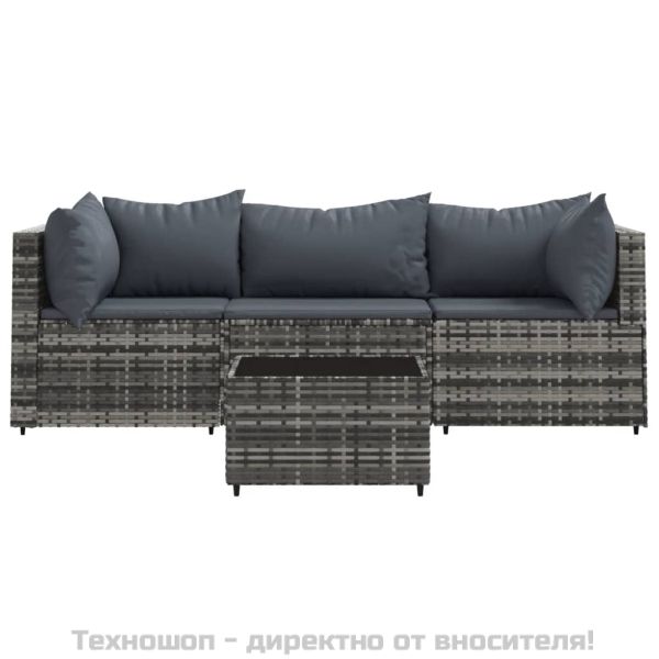 Градински лаундж комплект с възглавници 4 части сив полиратан