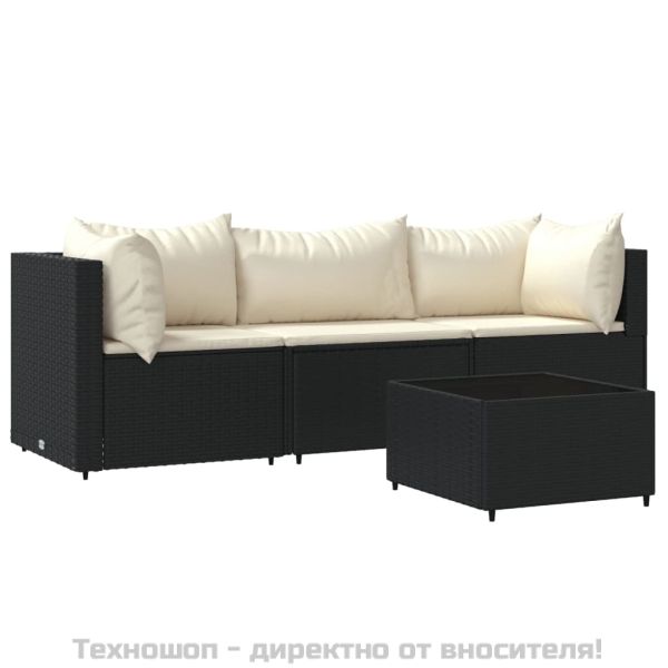 Градински лаундж комплект с възглавници 4 части черен полиратан