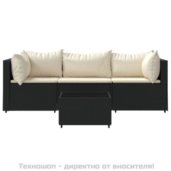 Градински лаундж комплект с възглавници 4 части черен полиратан