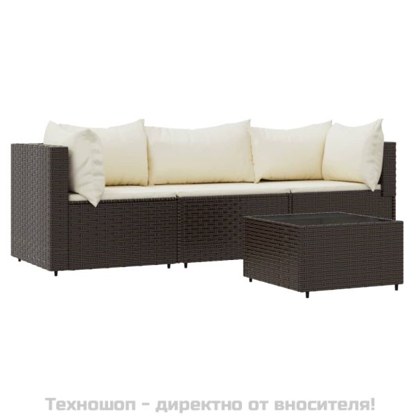 Градински комплект с възглавници, 4 части, кафяв, полиратан