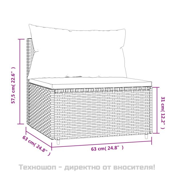 Градински среден диван с възглавници, черен, полиратан