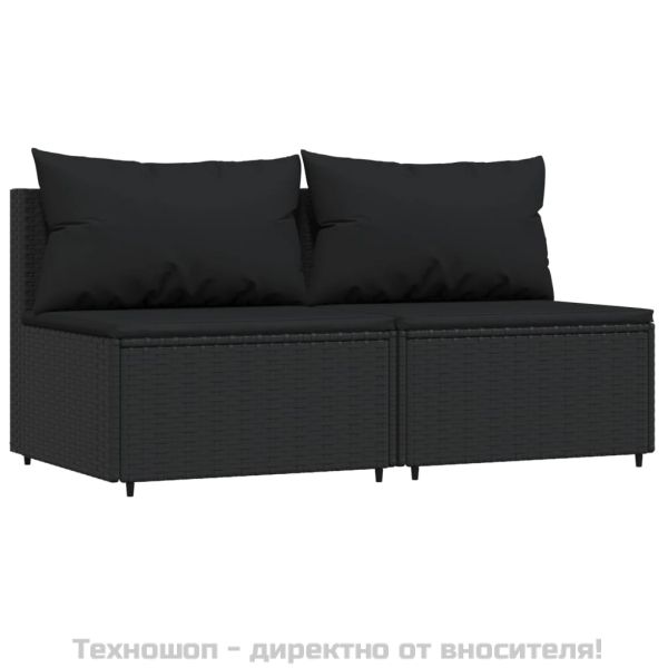 Градински лаундж комплект с възглавници 3 части черен полиратан