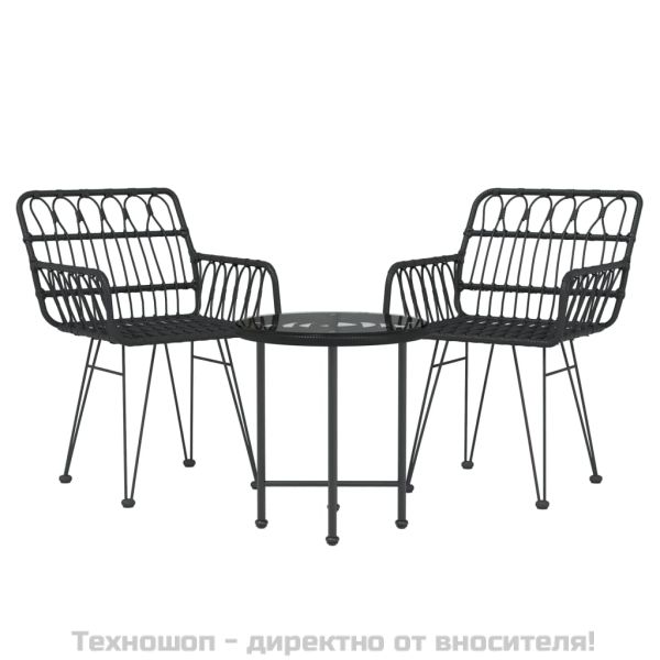 Градински трапезен комплект, 3 части, черен, полиратан