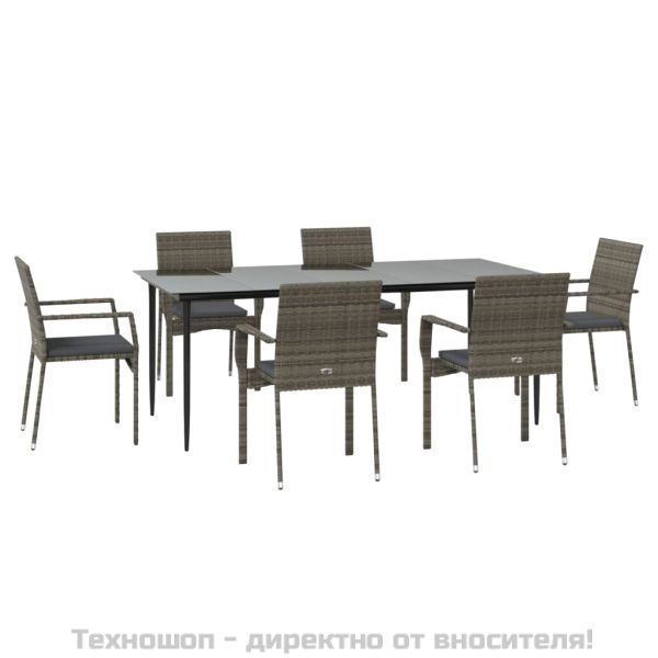 Градински трапезен комплект 7 части с възглавници сив полиратан