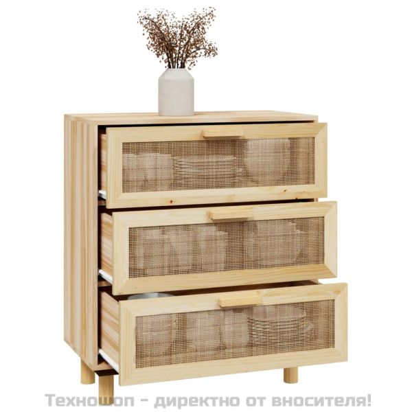 Сайдборд, кафяв, 60x30x70 см, бор масив и естествен ратан