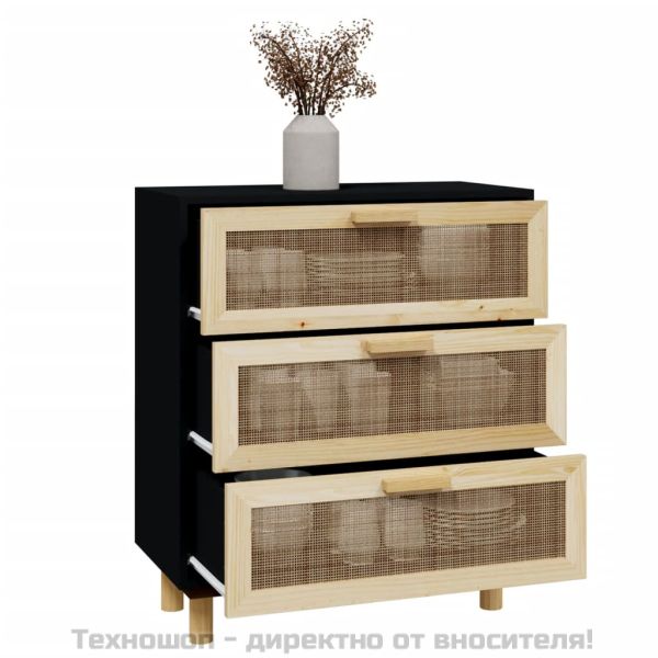 Сайдборд, черен, 60x30x70 см, бор масив и естествен ратан