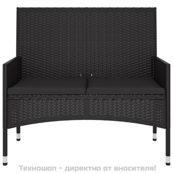 2-местна градинска пейка с възглавници, черна, полиратан