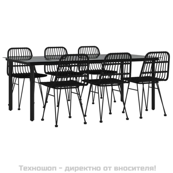 Градински трапезен комплект от 7 части, черно, полиратан