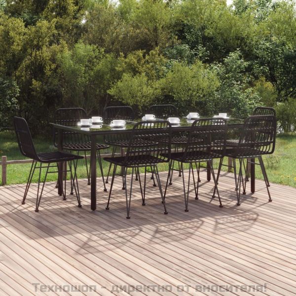 Градински трапезен комплект, 9 части, черен, полиратан