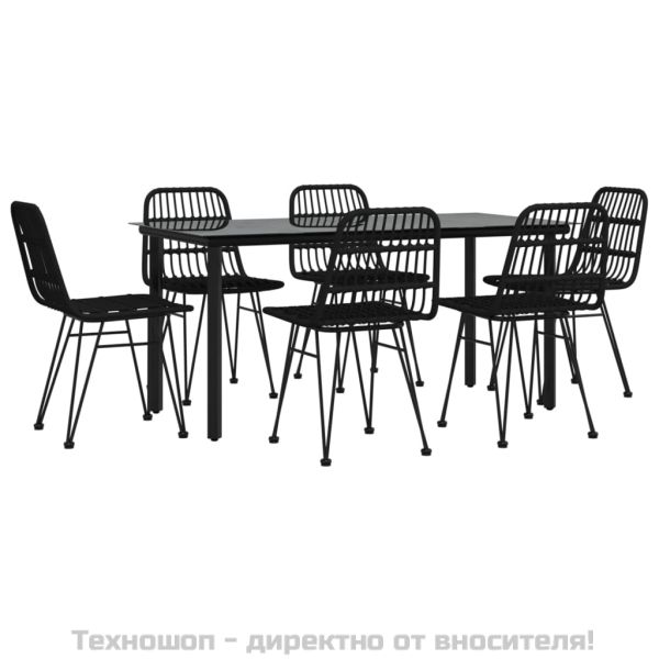 Градински трапезен комплект от 7 части, черно, полиратан