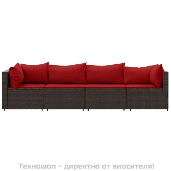 Градински комплект с възглавници, 4 части, кафяв, полиратан