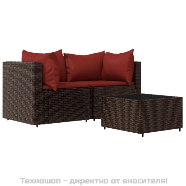 Градински комплект с възглавници, 3 части, кафяв, полиратан