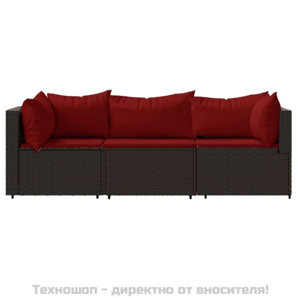 Градински комплект с възглавници, 3 части, кафяв, полиратан