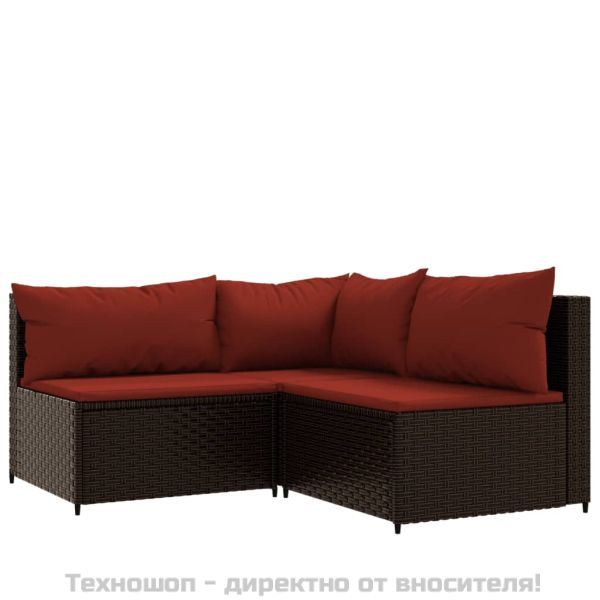 Градински комплект с възглавници, 3 части, кафяв, полиратан