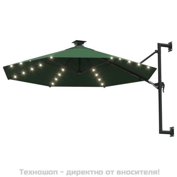 Градински чадър за монтаж на стена, с LED, 300 см, зелен