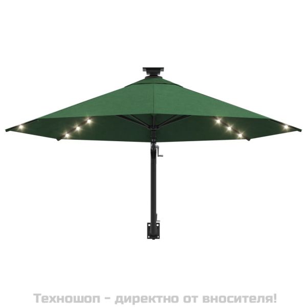 Градински чадър за монтаж на стена, с LED, 300 см, зелен