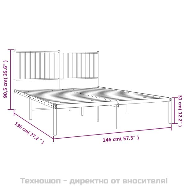 Метална рамка за легло с горна табла, бяла, 140x190 см