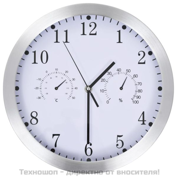 Стенен часовник с кварц, хигрометър и термометър, 30 см, бял