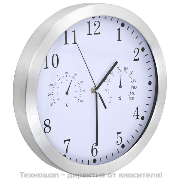 Стенен часовник с кварц, хигрометър и термометър, 30 см, бял