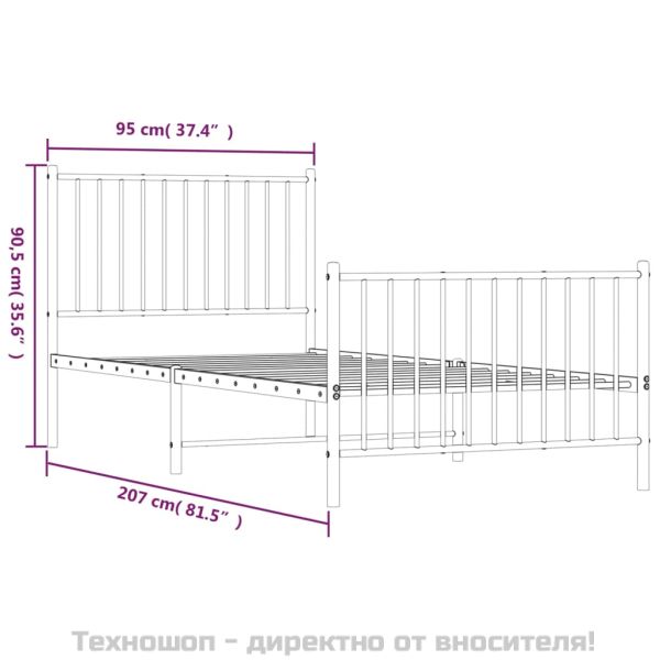 Метална рамка за легло с горна и долна табла, бяла, 90x200 см