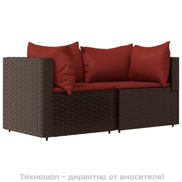 Градински ъглови дивани с възглавници, 2 бр, кафяви, полиратан