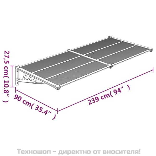 Навес за врата, сиво и прозрачно, 239x90 см, поликарбонат