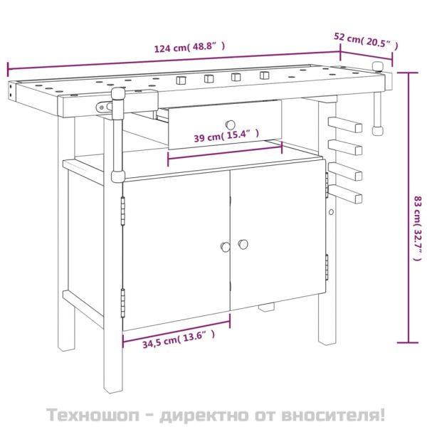 Работна маса с чекмедже и менгемета 124x52x83 см Масивна дървесина, акация