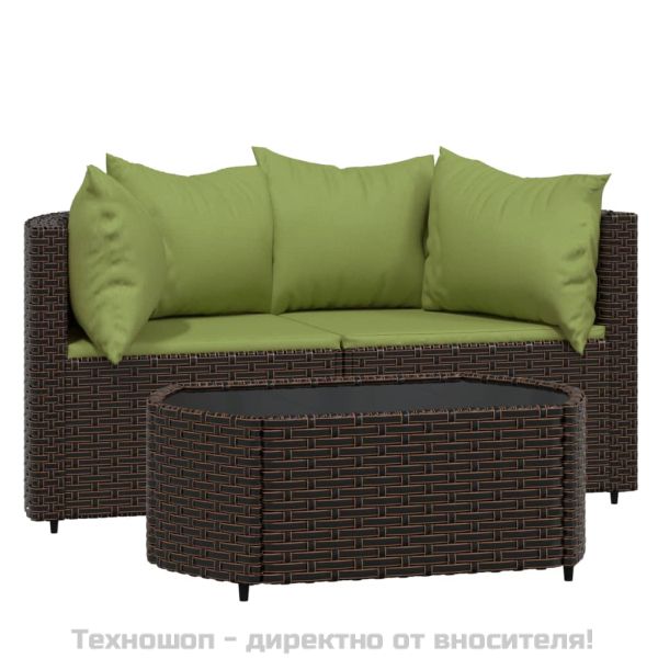 Градински комплект с възглавници, 3 части, кафяв, полиратан