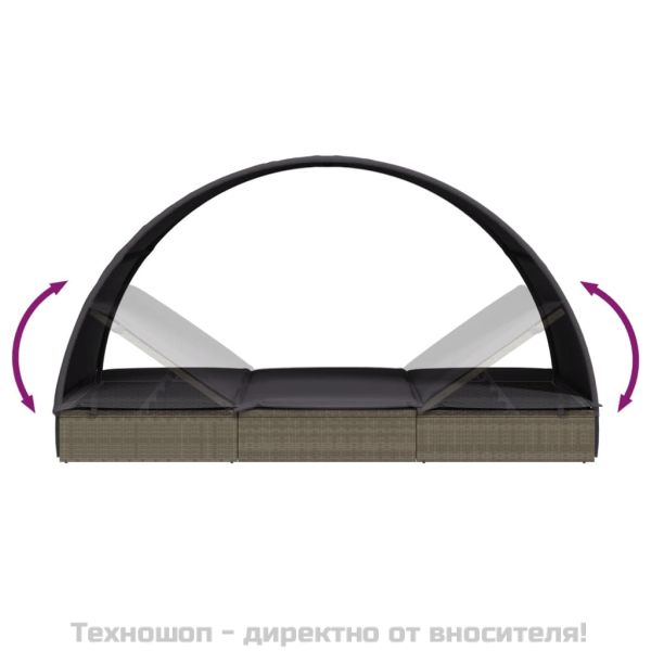 Шезлонг с объл покрив сив 211x57x140 см полиратан