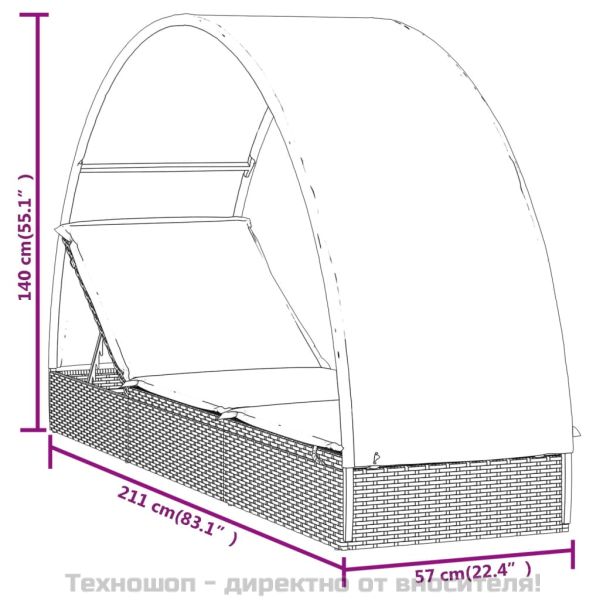 Шезлонг с объл покрив сив 211x57x140 см полиратан