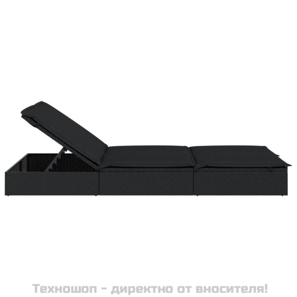 2-местен шезлонг с възглавници, черен, полиратан
