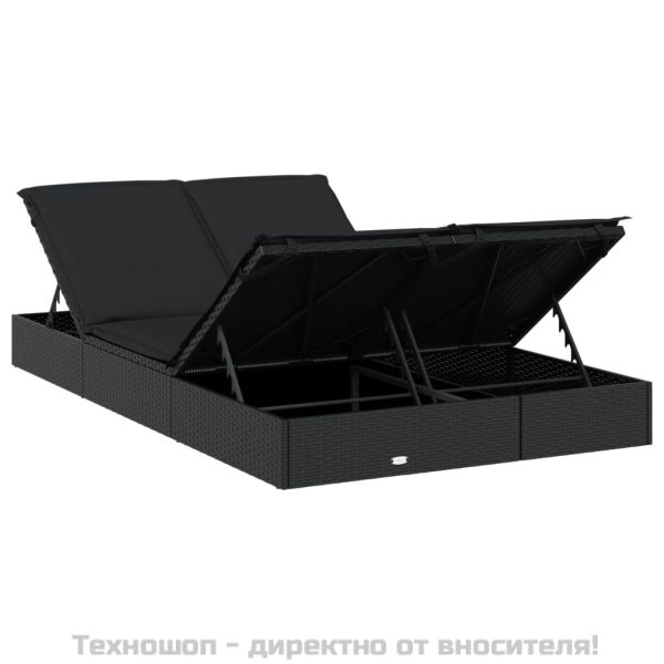 2-местен шезлонг с възглавници, черен, полиратан